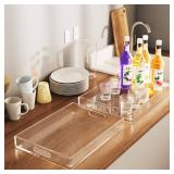 Collwait 2 Pack Serving Tray with Handles, Clear Acrylic Tray for Serving Food, Large Outdoor Food Trays for Eating, Lucite Acrylic Trays for Appetizer, Pizza, Fruit and Drinks, Unbreakable, 16x12