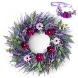KTGOW 24 Lavender Wreath for Front Door - Artificial Floral Lush Summer Wreath with Adjustable Headband & DIY Decor for Wall, Home, Wedding, Party, Christmas (Purple)