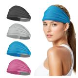 Sukeen Wide Headbands for Women, Instant Cooling Elastic Non-Slip Workout Headbands, Moisture-Wicking Sports Sweatbands for Gym, Yoga, Running, Fitness, 4 Pack, Black/Gray/Blue/Rose Red