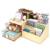 HWPRATO Desk Organizer with Drawer, Cute Pencil Holder Multi-Functional Small Desktop Accessories Organizers, Desktop Organizer for Desk Office Art Supplies (Large Capacity Desk Organizer-Yellow)