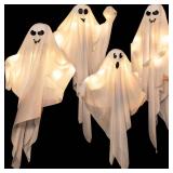 4 Pack Halloween Hanging Ghosts, 27.5 Inch with Light Up Ghost Kit for Indoor Outside Ornaments, Spooky Yard Tree Halloween Decorations Outdoor, Party Decor