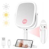 Lighted Makeup Mirror, 2600mAh Rechargeable 1x/10x Magnifying Vanity Mirror, 8.5 Height Adjustable Makeup Mirror with Lights 3 Color, 360° Rotation 2-Sided Light up Large Desk Mirror, Gifts for Women