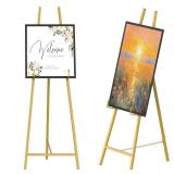 Metal Square Tube Scroll Display Easel, Vintage Gold Decorative Large Adjustable Floor Standing Easel with Chain Support, Perfect for Showcasing Pictures, Artwork, Picture Frame Wedding Sign Etc