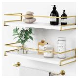Forbena Floating Bathroom Shelves Wall Mounted, Aesthetic White and Gold Shelves for Bathroom Accessories, Modern Bathroom Organizer with Tower Bar for Wall Decor Storage Small Spaces, Set of 2