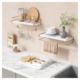 Forbena Floating Bathroom Shelves Wall Mounted, Aesthetic White and Gold Shelves for Bathroom Accessories, Modern Bathroom Organizer with Tower Bar for Wall Decor Storage Small Spaces, Set of 2