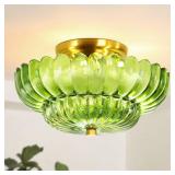 GloMuse Flush Mount Ceiling Light Green Glass Light Brushed Brass Modern Light Fixture for Living Room Kitchen Bedroom Hallway 3 Light(Bulb Not Included)