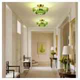 GloMuse Flush Mount Ceiling Light Green Glass Light Brushed Brass Modern Light Fixture for Living Room Kitchen Bedroom Hallway 3 Light(Bulb Not Included)