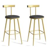 Bar Stools, Set of 2 High Kitchen Barstools, Bar Chairs with Backrest and Footrest, Industrial Counter Stools with PU Soft seat, for Kitchen, Living Room, Pub, Gold Color BS-012GC