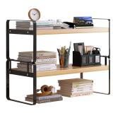 YGYQZ Wood Office Desk Shelf Organizer - Desktop Supplies Cute Dresser Top Organization Storage Rack and Cubicle Decor Aesthetic Bookshelf for Women Man and Kids (Black-Two Tier)