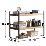 YGYQZ Wood Office Desk Shelf Organizer - Desktop Supplies Cute Dresser Top Organization Storage Rack and Cubicle Decor Aesthetic Bookshelf for Women Man and Kids (Black-Two Tier)