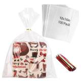 SOMIOCO Large Cellophane Bags 12 x 16 100pk Clear cellophane Treat Gift Goodie Bags for Small Business, Cookies, Candies, Soaps, Party Favors Packaging with Colorful Twist Ties