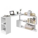 HOMCOM 55\" 360° Rotating Corner Computer Desk Modern L-Shaped Home Office Workstation with 3-Tier Storage Shelves, Bookshelf, White