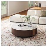 35.43\" Modern Coffee Table for Living Room, Round Coffee Table with Storage Drawer, Sintered Stone Top with Metal Base, NO Assembly Living Room Table Tea Table for Home Office