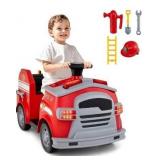 Costzon Ride on Fire Truck, 12V Toddler Fire Toy Kids Car w/Shovel & Wrench, Fire Extinguisher, Ladder, Safety Hat, 4 Anti-Slip Wheels, Music, Alarm, Horn, Electric Vehicle Gift for Toddlers (Red)