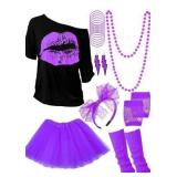 Blulu 80s Outfit Costume Accessories for Women Neon T Shirt Tutu Skirt for Party XXL