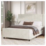 $140 Queen Corduroy Platform Bed Frame, Tufted, No Box Spring, Cream