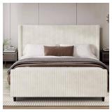$140 Queen Corduroy Platform Bed Frame, Tufted, No Box Spring, Cream