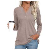 CATHY Womens Sleeve Henley Tops Dressy Casual Button Up Blouses Size Large