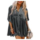 Womens Velvet Button-Down Shirt Dress, 3/4 Sleeves, High-Low Tunic XXL