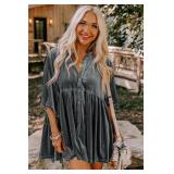 Womens Velvet Button-Down Shirt Dress, 3/4 Sleeves, High-Low Tunic XXL