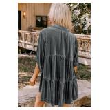Womens Velvet Button-Down Shirt Dress, 3/4 Sleeves, High-Low Tunic XXL