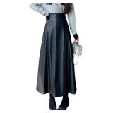 $81 Women Solid Color High-Waisted Vintage A-Line Leather Flared Skirt