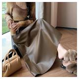 $81 Women Solid Color High-Waisted Vintage A-Line Leather Flared Skirt