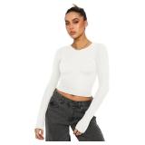 REORIA Women Fitted Basic T Shirts Crew Neck Long Sleeve Crop Top Size S