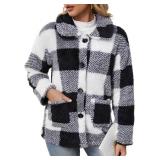 Womens Fleece Jacket Winter Sherpa Coat Plush Fuzzy Plaid Warm Size 4XL