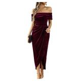 Off-Shoulder Velvet Bodycon Midi Dress with Draped Sleeve & Zipper Size L