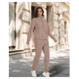 LARGE- Womens Fleece-Lined Sweat Suit 2-Piece Joggers & Half-Zip Brown