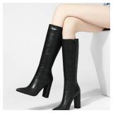 $98 Size 9 LeaHy Womens High Heel Boots PU Leather Side Zip Thigh High