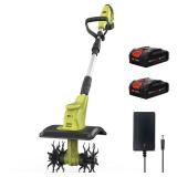 Grovecraft 20V Cordless Tiller Cultivator with 48 Steel Tines, 9-inch Wide Battery Powered Garden Cultivator, Mini Tiller for Lawn/Gardening/Soil Cultivation(2*2Ah Battery and Fast Charger Included) -