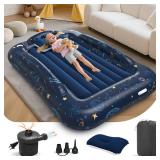 Deeteck Inflatable Toddler Travel Bed Portable Camping Air Mattress with Electric Bumpers Blow Up Toddler Bed with Safe Sides Kids Travel Essentials Set for Vacation Home Outdoor-Starry Sky Blue - Ret