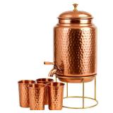 Pure Copper Hammered Water Dispenser Storage Water Tank with Tap and set of 4 Copper Glass | Water Pot | Cooper Water Storage Tank | 6.5 Ltr Capacity | 218 Oz - Retail: $89