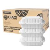 CIAO! 9\"x9\"x3\" MFPP White Hinged Container With Lid 1 Compartment (Case of 150) - Retail: $58