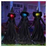 JOYIN Halloween Witch Decorations Outdoor Yard Stakes 3 Pack, 4.2 FT Multicolored Light Up Scary Flying Witch with Sound Activation, for Halloween Graveyard Lawn Yard Garden Decorations - Retail: $80