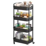Sywhitta 4-Tier Plastic Rolling Utility Cart with Handle, Multi-Functional Storage Trolley for Office, Living Room, Kitchen, Movable Storage Organizer with Wheels, Black - Retail: $29