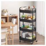 Sywhitta 4-Tier Plastic Rolling Utility Cart with Handle, Multi-Functional Storage Trolley for Office, Living Room, Kitchen, Movable Storage Organizer with Wheels, Black - Retail: $29