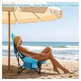 Oileus Folding Portable Beach Chair, High-Back Low-Seat Lightweight Chair for Beach Tents, Shelters, and Camping, Full Mesh Backrest | Cup Holder | Storage Bag | Carrying Bag | 2 Armrests - Retail: $1