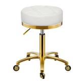 XCRFKGW Gold Rolling Vanity Stool with Wheels, Salon Spa Tattoo Massage Pedicure Chair, PU Leather Roller Chair, 43-55cm Height Adjustable Office Work Swivel Stool (White, Without Back) - Retail: $90