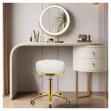 XCRFKGW Gold Rolling Vanity Stool with Wheels, Salon Spa Tattoo Massage Pedicure Chair, PU Leather Roller Chair, 43-55cm Height Adjustable Office Work Swivel Stool (White, Without Back) - Retail: $90
