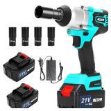 NCOEN 600N.m 1/2 Impact Gun 2x 4.0 Batteries Cordless Wrench 1/2 Max Torque 450ft/lbs, with 4 Sockets and Portable Carrying Case Blue Impact Driver - Retail: $73
