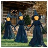 TW SHINE Halloween Witch Decorations Outdoor, 5 FT Set of 3 Holding Hands Witches Stakes with Glowing Face, Lighted Halloween Decor for Party Yard Lawn Porch Garden Haunted House Props - Retail: $72