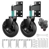 2Pcs 8 Inch Fence Gate Wheels with Brake 2 Install Heavy Duty Gate Wheels for Metal Wooden Gate Sliding Hardware 600lb Capacity 360Â° Rotation Spring-Loaded Farm Garden Caster Screwdriver Gloves Bla