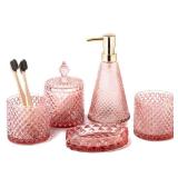EMPO 5Pcs Diamond Glass Bathroom Accessories Complete Set, Triangle Vintage Lotion Dispenser, Soap Dish, Toothbrush Holder, Tumbler, Cotton Swab Jars, Modern Decor, Housewarming Gift Set (Fresh Pink) 