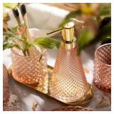 EMPO 5Pcs Diamond Glass Bathroom Accessories Complete Set, Triangle Vintage Lotion Dispenser, Soap Dish, Toothbrush Holder, Tumbler, Cotton Swab Jars, Modern Decor, Housewarming Gift Set (Fresh Pink) 