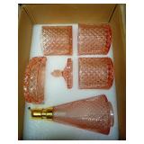 EMPO 5Pcs Diamond Glass Bathroom Accessories Complete Set, Triangle Vintage Lotion Dispenser, Soap Dish, Toothbrush Holder, Tumbler, Cotton Swab Jars, Modern Decor, Housewarming Gift Set (Fresh Pink) 