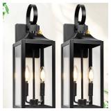 Black Dusk to Dawn Outdoor Wall Lantern 2-Light, 19\" Large Outside Modern Wall Sconce Light Fixture, Industrial Porch Light Wall Mount with Glass, Waterproof Farmhouse Exterior Lamp Lighting, 2 Pack 