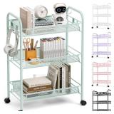 TOOLF 3-Tier Metal Rolling Cart, Mesh Wire Easy Assemble Utility Cart, Storage Trolley on Wheels with 3 Hooks, MetalStorage Shelving Units for Kitchen Bathroom Laundry Room - Retail: $28